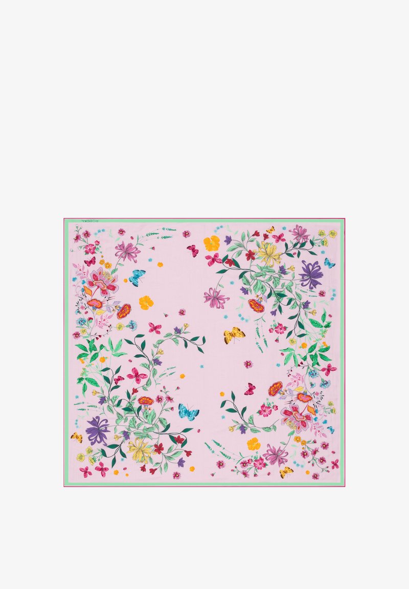 Écharpe en soie florale avec un fond rose clair, ornée de fleurs colorées et de papillons, bordée d'un cadre vert et rose.