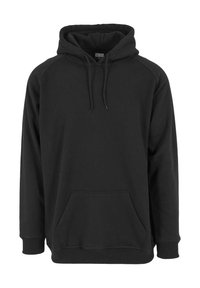 Felpa nera realizzata in tessuto morbido, con cappuccio regolabile, tasca a marsupio, polsini e orlo a coste. Design semplice a maglione.