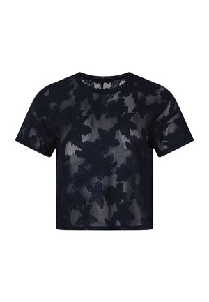 Schwarzes durchsichtiges Kurzarm-Crop-Top mit floraler Spitzenüberlagerung und rundem Ausschnitt.