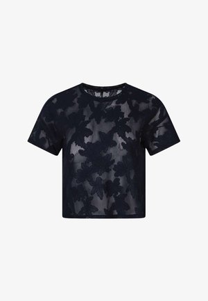 Schwarzes durchsichtiges Kurzarm-Crop-Top mit floraler Spitzenüberlagerung und rundem Ausschnitt.