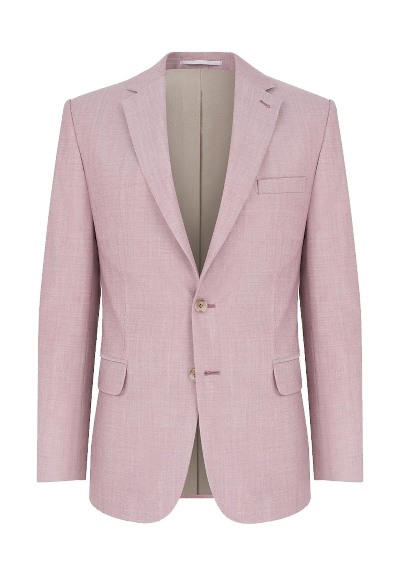 Jasnoróżowa dopasowana marynarka o gładkiej fakturze, z dwoma przednimi guzikami, pojedynczą kieszenią na piersi i kremowym podbiciem wewnętrznym.