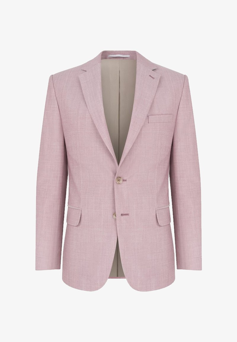 Jasnoróżowa dopasowana marynarka o gładkiej fakturze, z dwoma przednimi guzikami, pojedynczą kieszenią na piersi i kremowym podbiciem wewnętrznym.