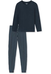 Navyblaues Langarmoberteil mit rundem Ausschnitt, kombiniert mit navyblauen und weißen gestreiften Schlafanzughosen mit eng anliegenden Bündchen. Aus weichem Baumwollmaterial.