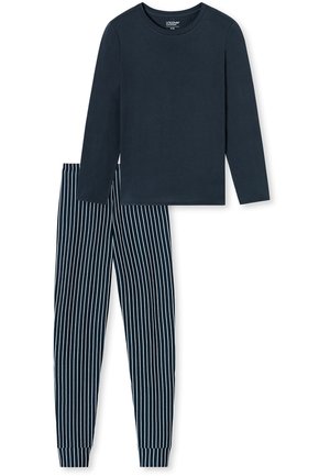 Långärmad marinblå topp med rund hals, ihop med marinblå och vita randiga pyjamasbyxor med åtsittande muddar. Mjuk bomullsmaterial.