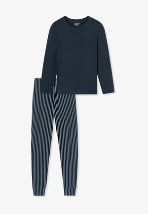 Granatowy top z długim rękawem i okrągłym dekoltem w zestawie z granatowo-białymi spodniami piżamowymi w paski, z dopasowanymi mankietami. Miękki materiał bawełniany.