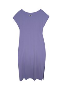 Liliowa sukienka wykonana z miękkiego materiału, o luźnym kroju, zaokrąglonym dekolcie i krótkich rękawach. Posiada boczne rozcięcia dla swobody ruchów.