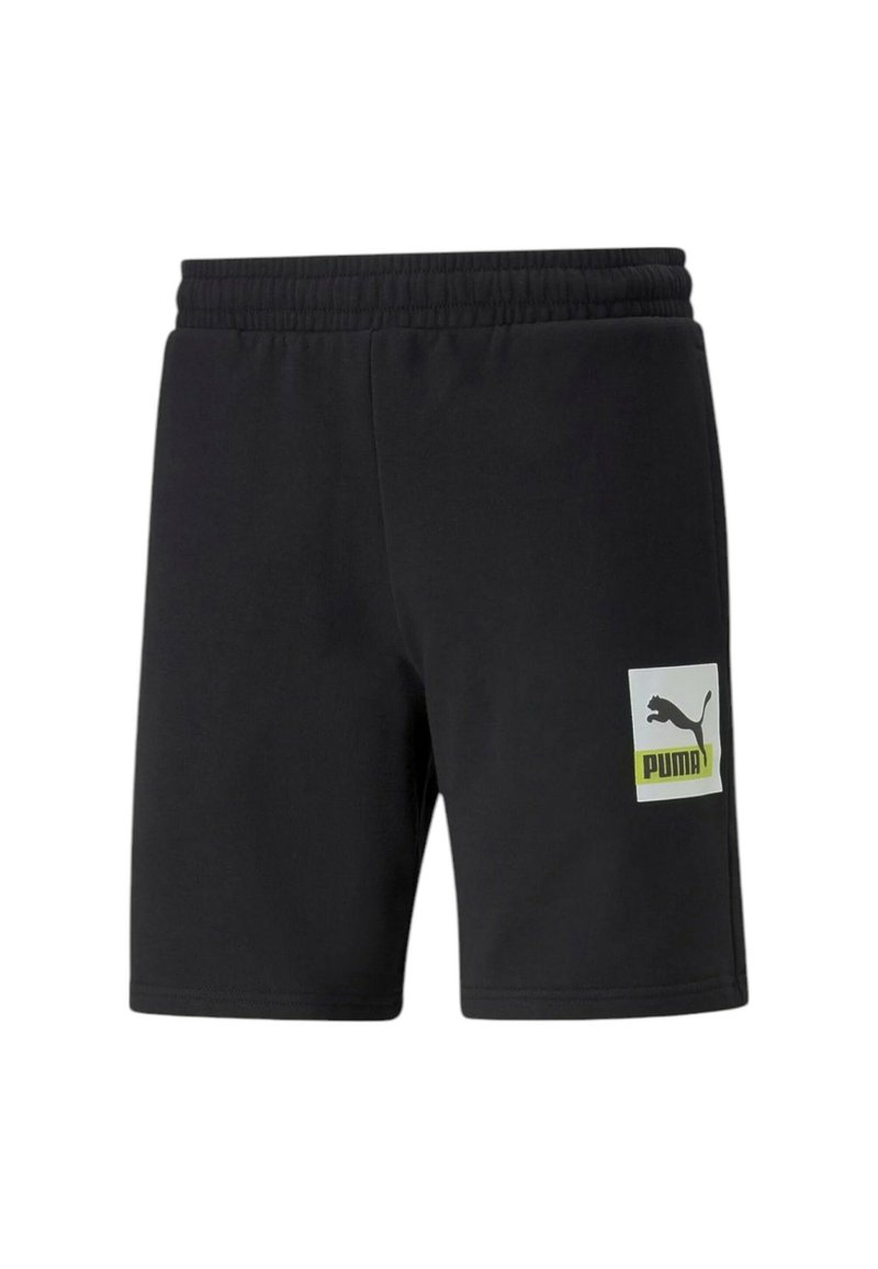 Pantaloni corti neri realizzati in tessuto morbido, con una vita elastica, tasche laterali e una patch con il logo Puma bianco e verde neon sulla parte anteriore.