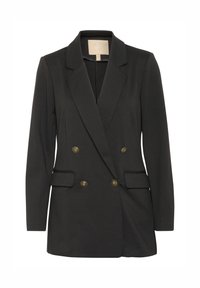 Černý dvouřadý blazer se zlatými knoflíky, klopovými límci a dvěma předními kapsami. Vyrobeno z lehké, texturované látky.