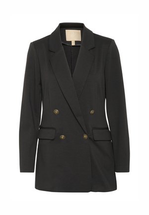 Blazer noir croisé avec des boutons dorés, revers crantés et deux poches avant. Fabriqué à partir d'un tissu léger et texturé.