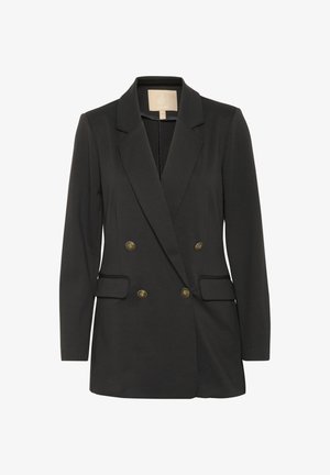 Crni sako s dvostrukim kopčanjem i zlatnim gumbima, s izrezanim reverima i dva prednja džepa. Izrađen od lagane, strukturirane tkanine.
