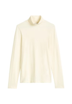 Haut à manches longues en jersey doux couleur ivoire. Doté d'un col montant et d'une coupe décontractée avec des manches longues. Texture lisse, sans motifs.