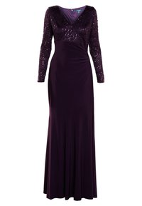 Lange paarse avondjurk met glinsterende kanten lange mouwen, een V-halslijn en een getailleerd silhouet dat naar de vloer uitloopt.