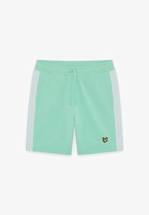 Mintgroene sportkorte broek met witte zijstrepen, trekkoord in de taille en een klein geel-zwart vogel-logo op het linkerbeen.