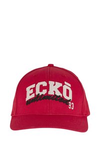 Red cotton baseball cap featuring embroidered text "ECKŌ unlimited 93" in white and black, with a structured crown and a curved visor.