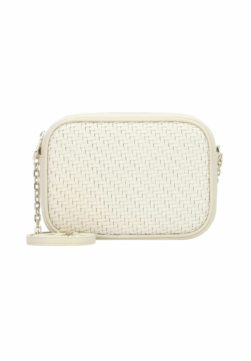 Geweven witte tas met een rechthoekige vorm, gladde leren afwerking en een afneembare kettingriem. Compact met gestructureerde details op het oppervlak.