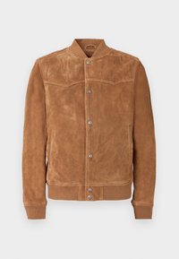 Hnedá zamšová bomber bunda s patentkami, rebrovaným golierom, manžetami a lemom, a bočnými vreckami, vystavená na jednoduchom pozadí.