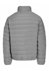 Siva puffer jakna s visokim ovratnikom, s prešanim dizajnom i elastičnim rubovima i rukavima. Glatka tekstura, nema vidljivih logotipa ili hardvera.