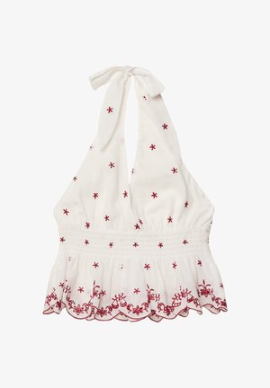 Weißes Haltop mit roter Blumenstickerei, geraffter Taille und gewelltem Saum. Aus leichtem Stoff gefertigt, mit Halsbändern.