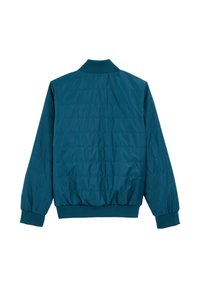 Tealfärgad vadderad bomberjacka med ribbad krage och ärmar. Har en slät yta och elastisk midja. Bakvy, utan fickor.