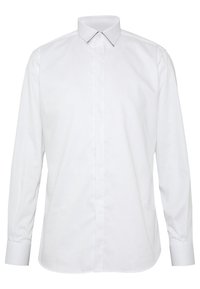 Biała koszula bawełniana z ostrym kołnierzykiem z czarnymi akcentami, długimi rękawami i zapięciem na guziki z przodu.