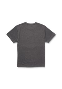 Camiseta gris de algodón de manga corta, con cuello redondo y una textura suave. La parte posterior es sencilla, con un ajuste clásico y un diseño simple.