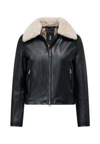 Giacca in pelle nera con colletto in pelliccia sintetica, interno trapuntato e due tasche laterali con zip per funzionalità e calore.