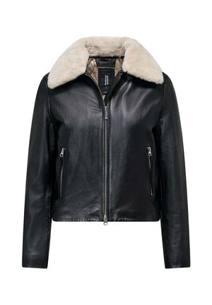 Schwarze Lederjacke mit einem Kunstpelzkragen, gesteppter Innenseite und zwei seitlichen Reißverschlusstaschen für Funktionalität und Wärme.