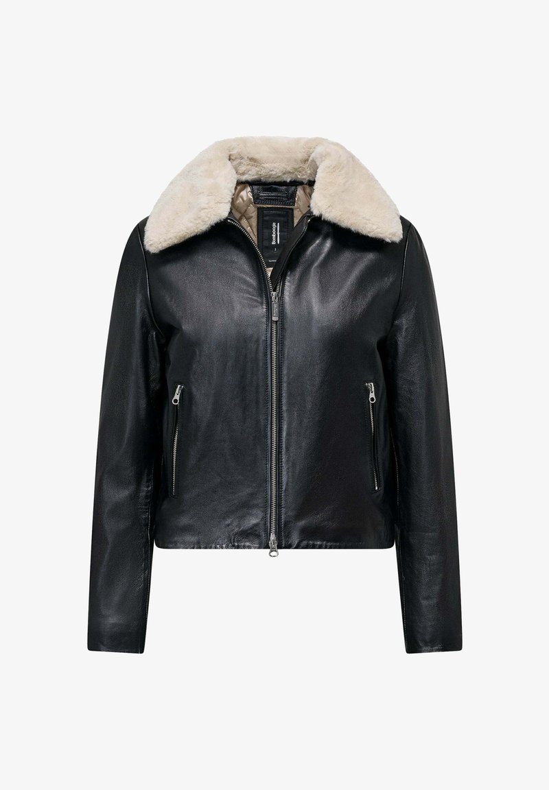 Schwarze Lederjacke mit einem Kunstpelzkragen, gesteppter Innenseite und zwei seitlichen Reißverschlusstaschen für Funktionalität und Wärme.