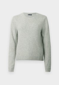 Világosszürke, hosszú ujjú, kerek nyakú pulóver, bordázott mandzsettákkal és aljjal, sima fehér háttér előtt bemutatva.