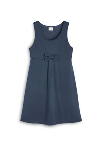 Navyblaues ärmelloses Kleid aus weichem Baumwollstoff mit einer vorderen Schleifenakzentuierung und einer ausgestellten A-Linien-Silhouette.
