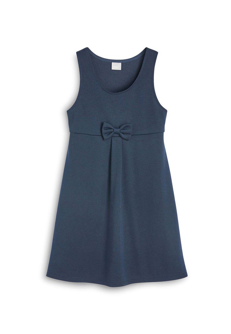 Navyblaues ärmelloses Kleid aus weichem Baumwollstoff mit einer vorderen Schleifenakzentuierung und einer ausgestellten A-Linien-Silhouette.