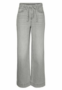 Jeans de pierna ancha en gris claro, confeccionados en denim, con cinturilla ajustable por cordón, dos bolsillos delanteros y un ligero desgaste en la tela.