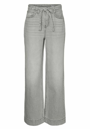 Jeans larghi di colore grigio chiaro in denim, con vita regolabile tramite cordoncino, due tasche frontali e leggere sfumature sul tessuto.