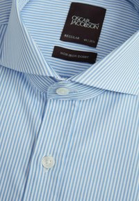 Camicia a righe blu chiaro in misto cotone. Presenta un colletto a punta, chiusura con bottoni bianchi e un'etichetta "Non Iron Dobby" all'interno del colletto.