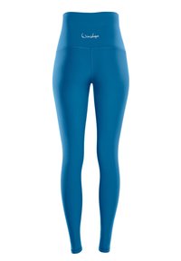 Hoge taille blauwe leggings gemaakt van rekbaar materiaal, met een gladde textuur en een logo op de tailleband. Strak aansluitend ontwerp.