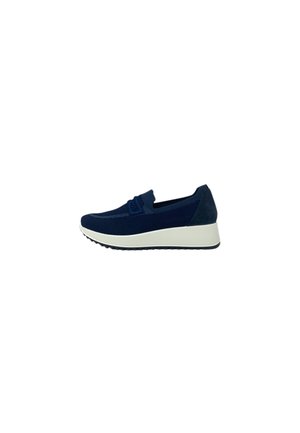 Sneaker slip-on blu navy con tomaia in maglia, suola platform bianca imbottita e suola esterna nera testurizzata, vista laterale.