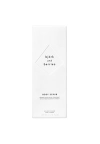 Weiße rechteckige Verpackung für Körperscrub. Enthält schwarzen Text, ein rhombusförmiges Logo und Produktdetails. Größe: 200 ml.