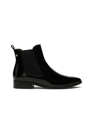 Black patent leather Chelsea boots with elastic side panels, pointed toe, low block heel, and a pull tab for easy wear. Gold accent on heel.