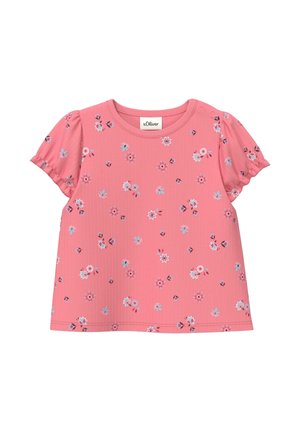 Haut rose à manches courtes pour tout-petit avec petit imprimé floral bleu et blanc, légères volants aux manches, encolure ronde et étiquette s.Oliver à l'intérieur.