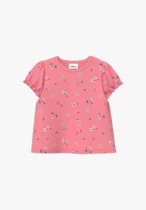 Rosa kurzärmliges Kleinkind-Oberteil mit kleinem blau-weißem Blumenmuster und leichten Rüschen an den Ärmeln, rundem Ausschnitt und s.Oliver-Label innen.