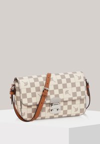 Checkered beige and brown leather bag with a silver clasp and brown adjustable strap. Features floral accents on the pattern.
