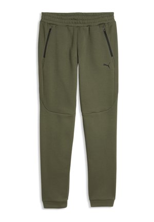 Oliwkowo-zielone, dopasowane joggery z elastycznym pasem, czarnymi zapinanymi na zamek bocznymi kieszeniami i logo Puma na lewej udzie.
