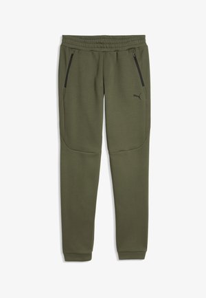 Olivgrüne Slim-Fit-Jogginghosen mit elastischem Bund, schwarzen seitlichen Reißverschlusstaschen und Puma-Logo am linken Oberschenkel.