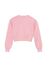 Maglione corto rosa realizzato in morbido tessuto a maglia, con maniche lunghe, polsini a coste e orlo a righe bianche per un tocco di dettaglio.