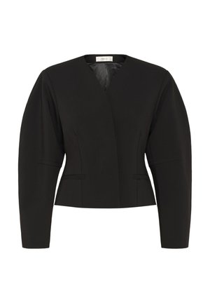 Blazer noir coupé court avec manches longues, épaules structurées, et un décolleté en V subtil, doté de deux petites poches avant.