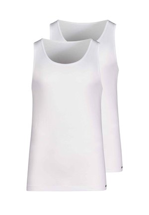 Two white tank tops with a smooth texture, sleeveless design, and rounded necklines. Features a straight hem and subtle branding at the bottom.