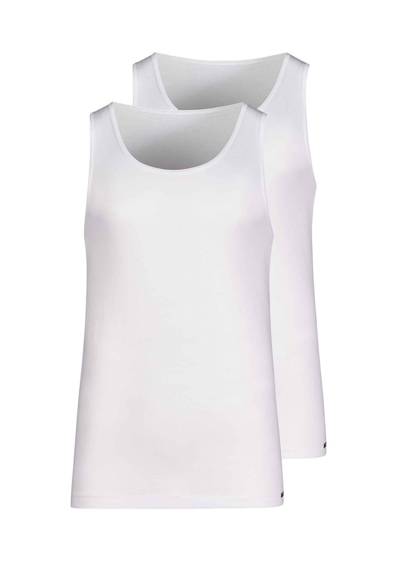 Two white tank tops with a smooth texture, sleeveless design, and rounded necklines. Features a straight hem and subtle branding at the bottom.