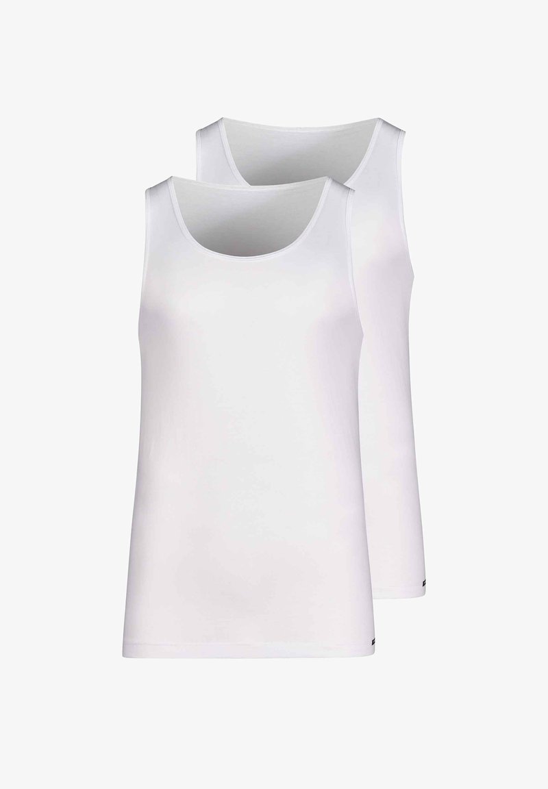 Two white tank tops with a smooth texture, sleeveless design, and rounded necklines. Features a straight hem and subtle branding at the bottom.