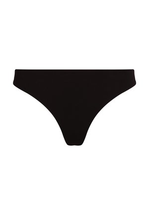 Black bikini bottom with a smooth, matte finish. Features a low-rise design and minimal coverage, without patterns or accents.
