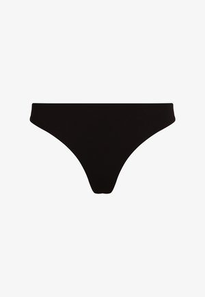 Zwarte bikini onderkant met een gladde, matte afwerking. Kenmerkt zich door een laag uitgesneden ontwerp en minimale bedekking, zonder patronen of accenten.